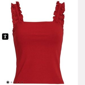 Intermix‎ Red shirt ruffle straps, ribbed knit, size medium